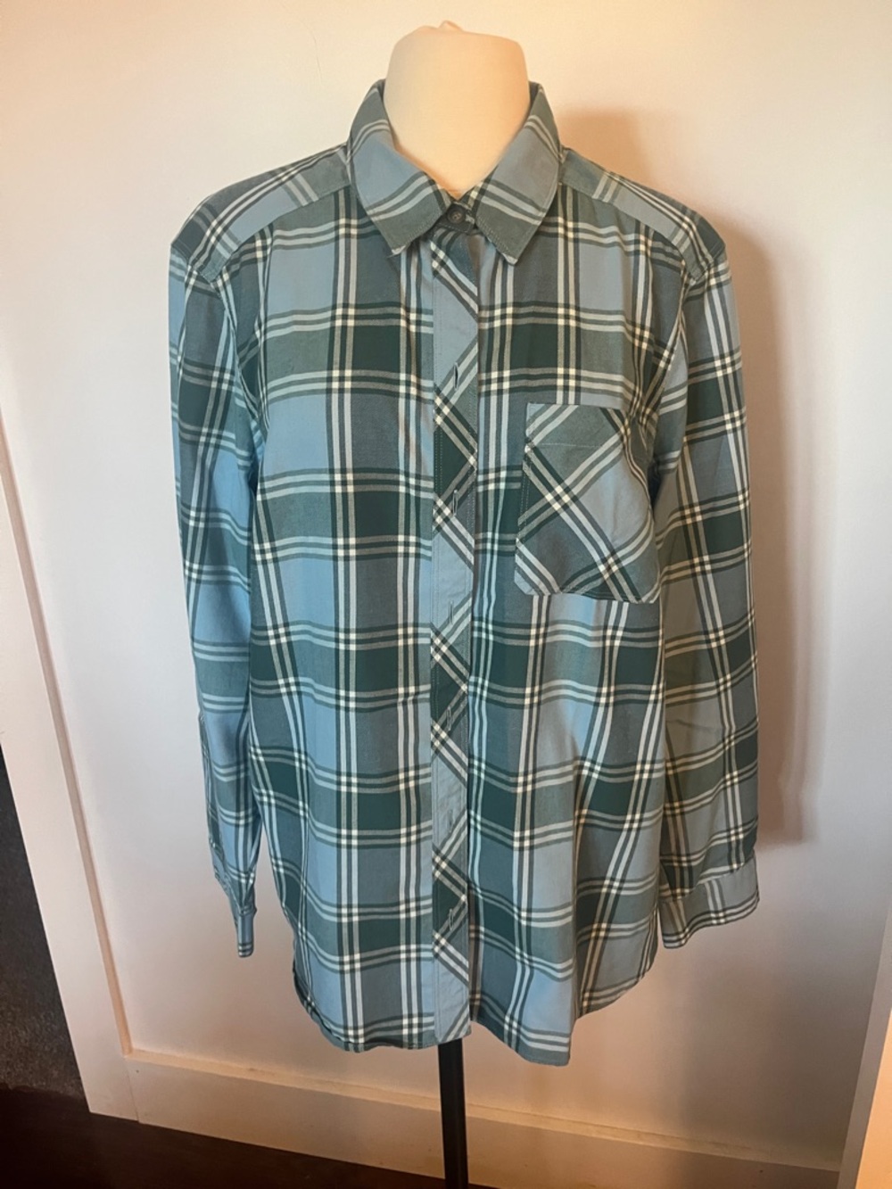 Eddie Bauer Green and Light Blue Plaid Button-Down Shirt
